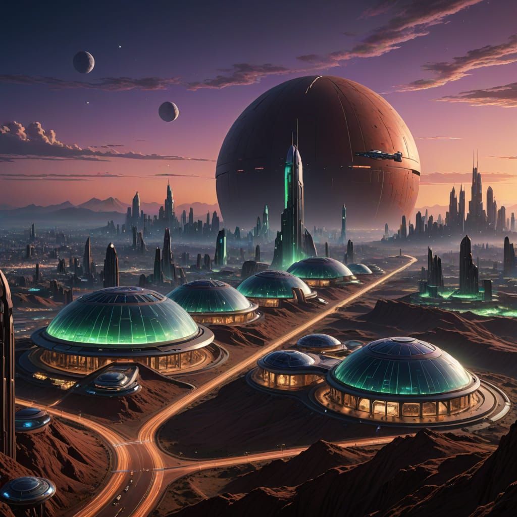 Martian City Utopia at Twilight in Hyperrealistic Style
