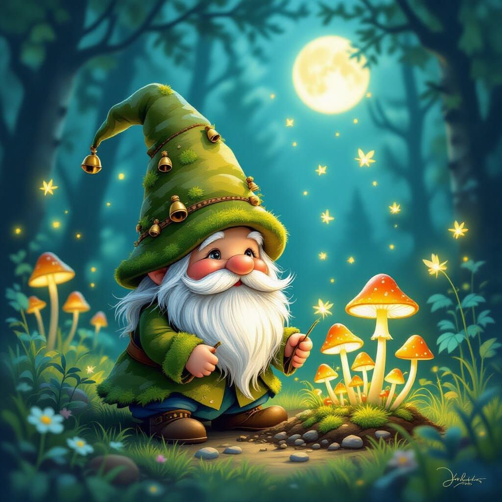 Whimsical Gnome Tending Glowing Mushroom Garden