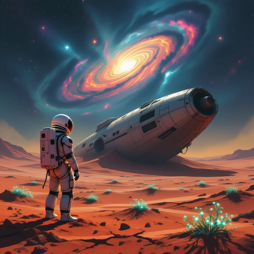 Astronaut Gazes at Giant Spaceship on Alien World