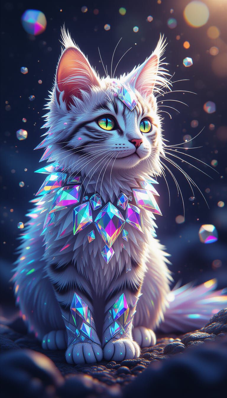 Crystal Cat with Rainbow Reflections in Magical Realism