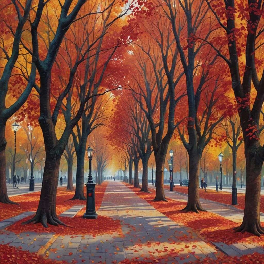 Autumn Boulevard with Red Leaves in Pointillist Style