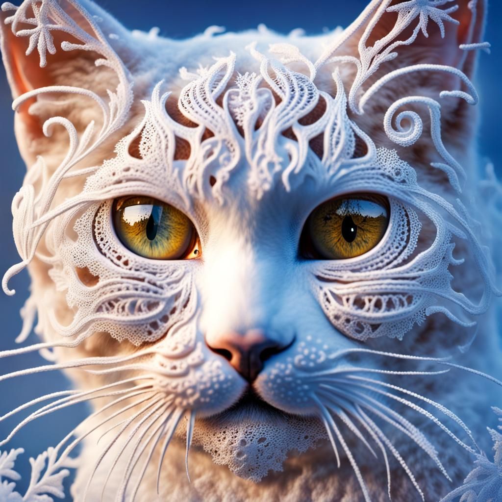 Lace Cat in Snow: Hyperrealistic Concept Art