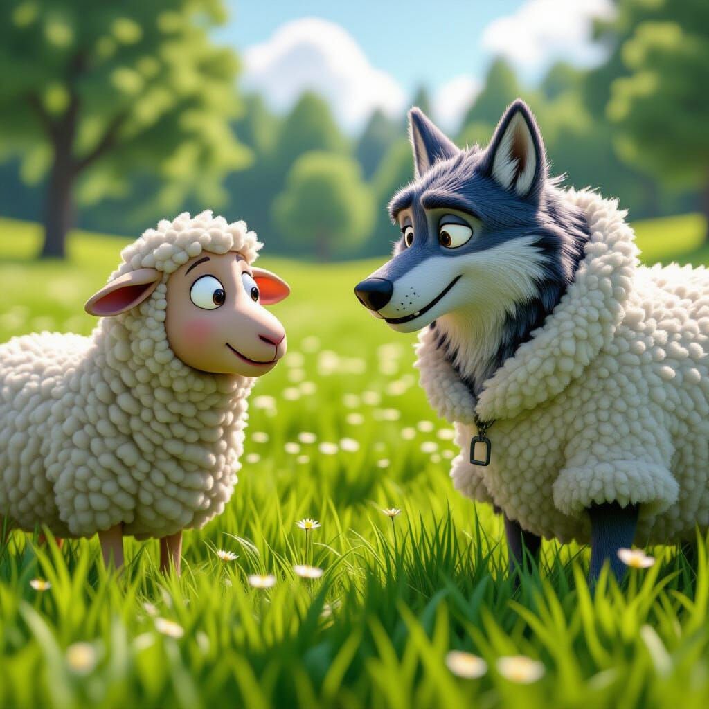 Nervous Sheep and Wolf in Sheepskin, Pixar Style