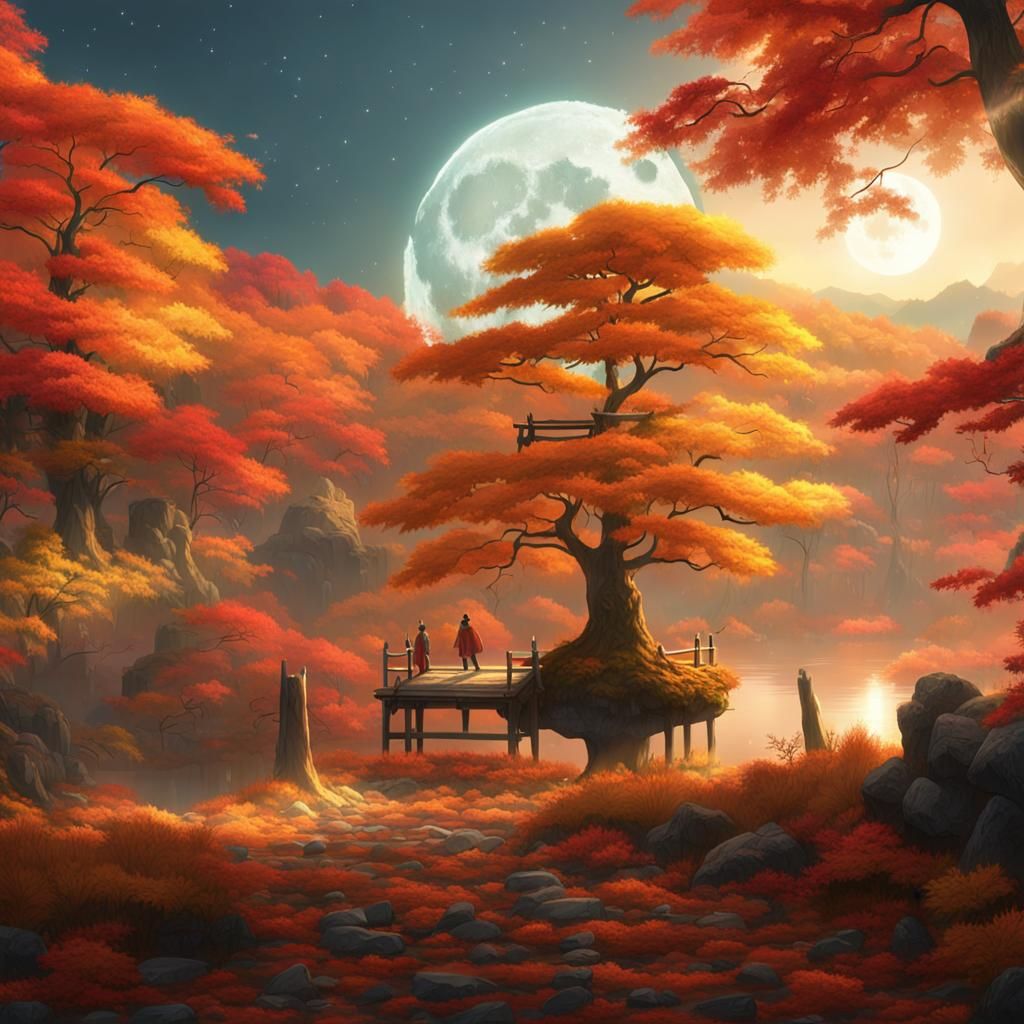 Autumn Moon Over Lake in Japanese Forest