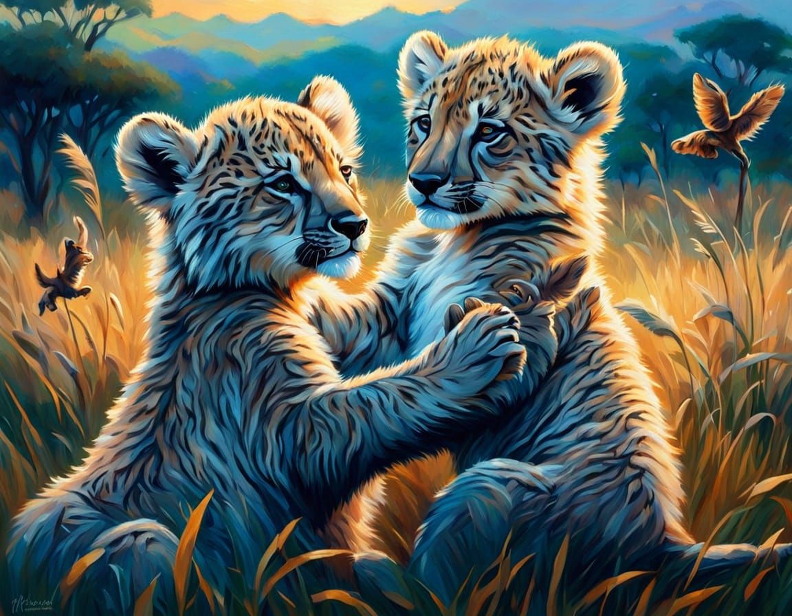 Lion Cubs Playing on Savanna in Oil Painting Style