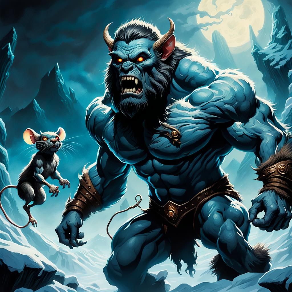 Muscular Beast Startled by Mouse in Dark Fantasy Art