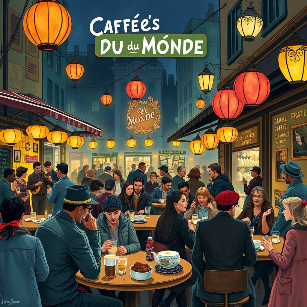 Cafe du Monde at Night in Whimsical Illustration