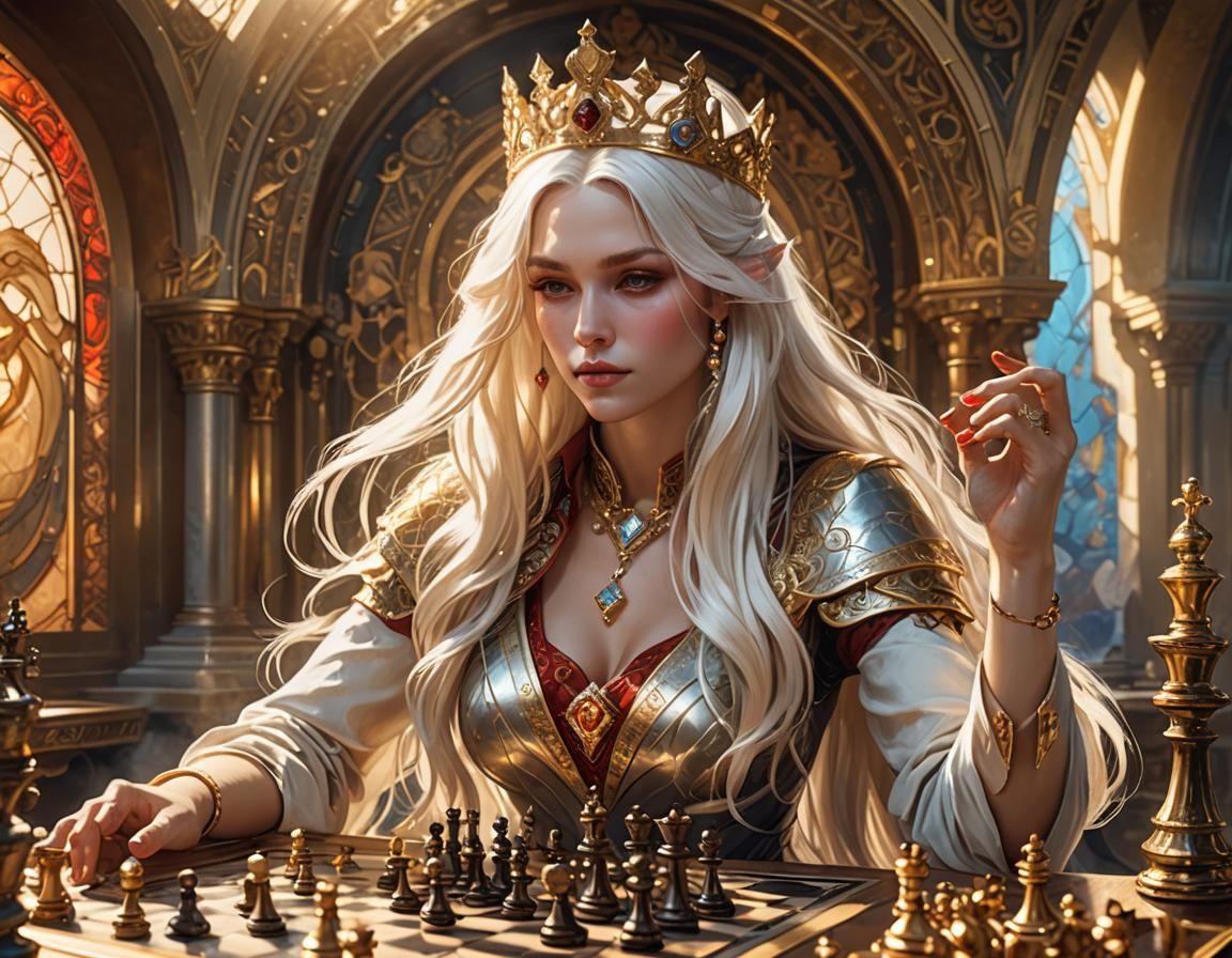 Art Nouveau Queen Playing Chess in Vault