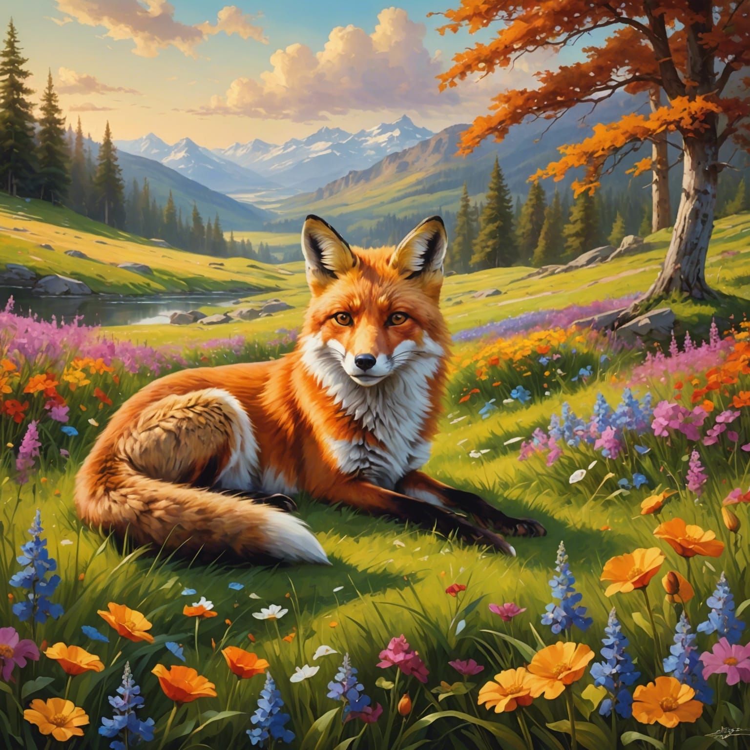 Fox Resting in Colorful Meadow: Oil Painting