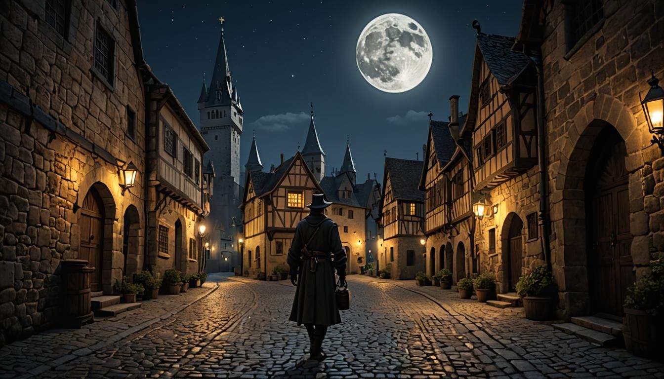 Medieval City Street at Night with Watchman