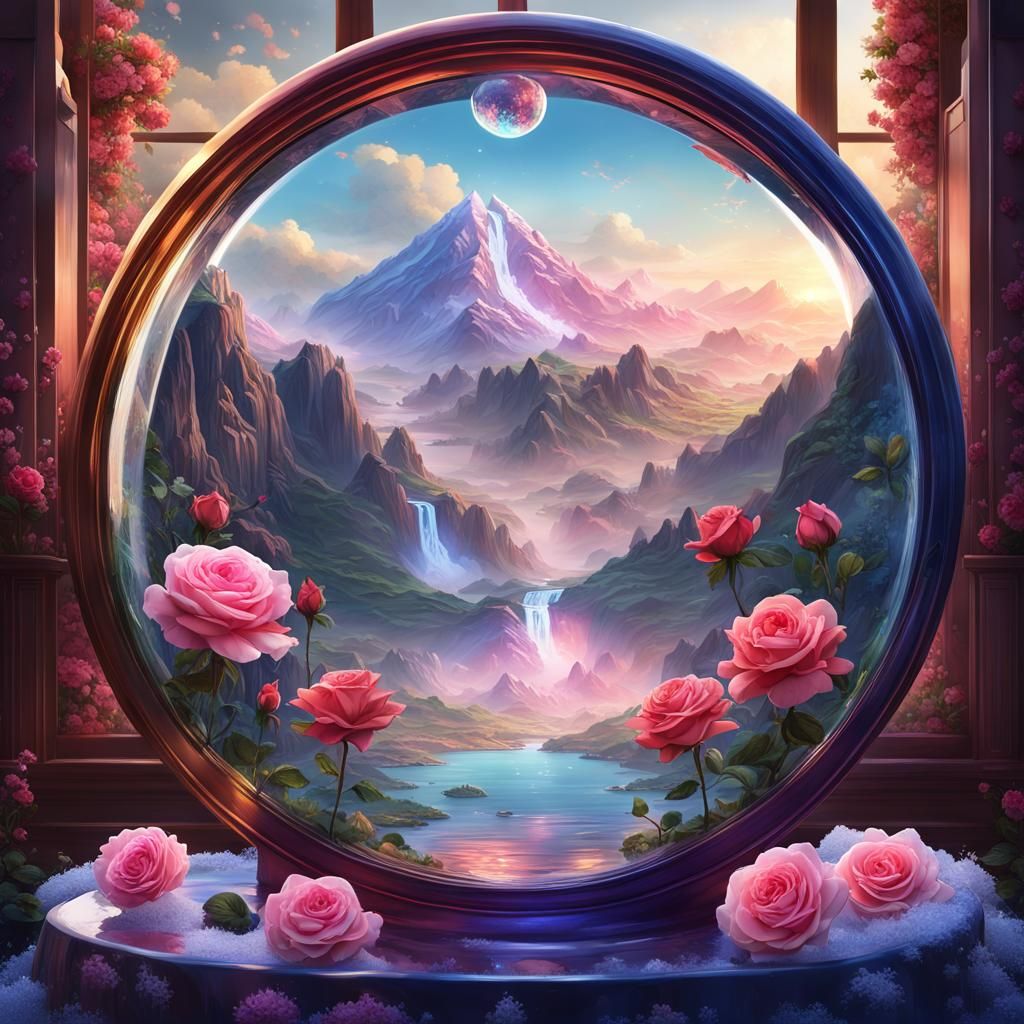 Snow Globe Landscape with Roses and Waterfall