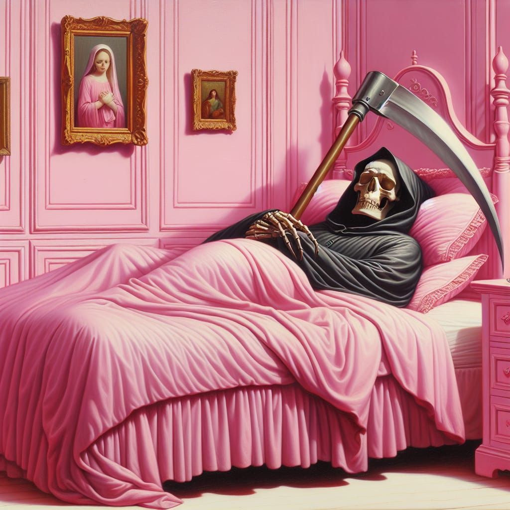 Grim Reaper Slumbering in Pink Bedroom