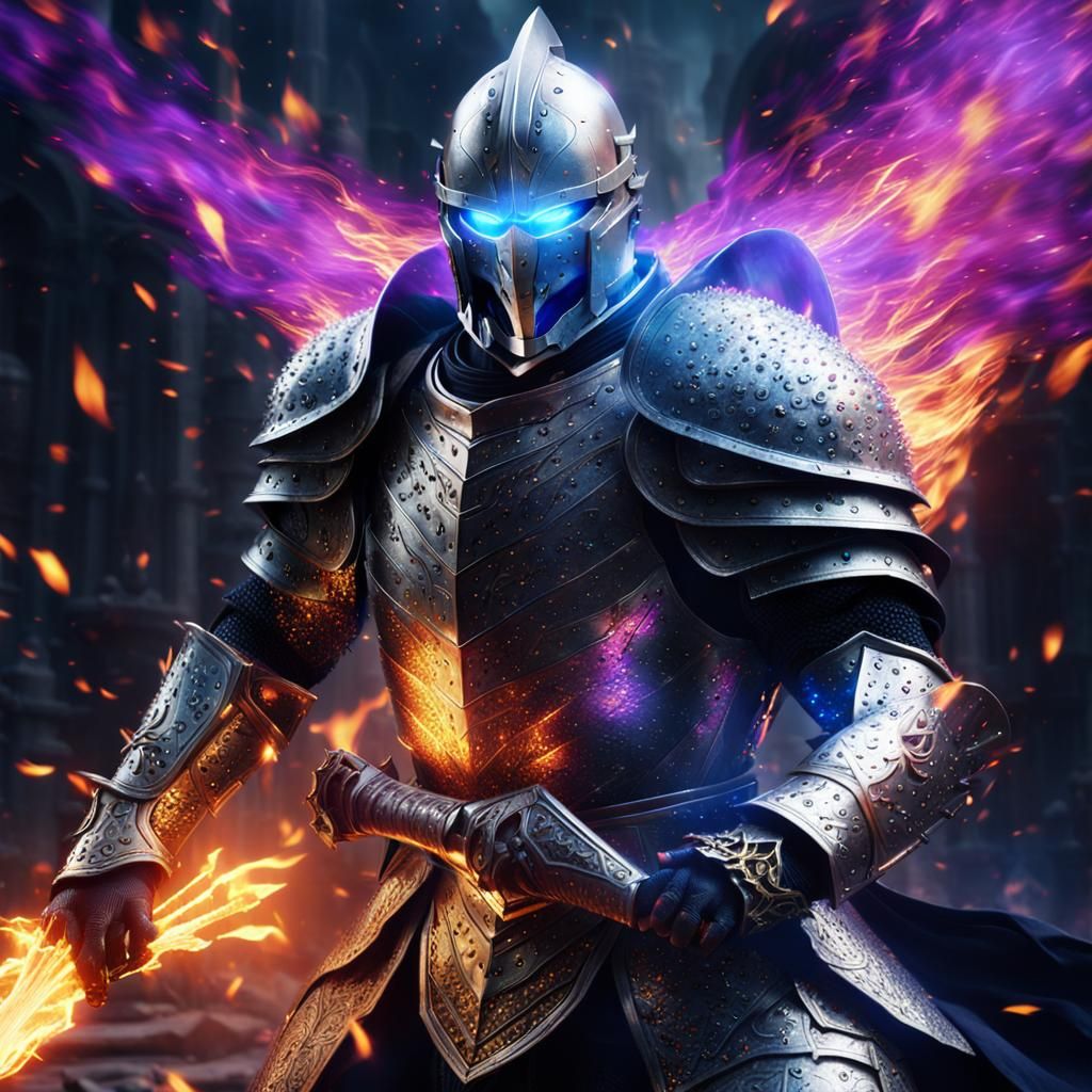 Knight in Silver Armor Ignited by Vibrant Purple Flames