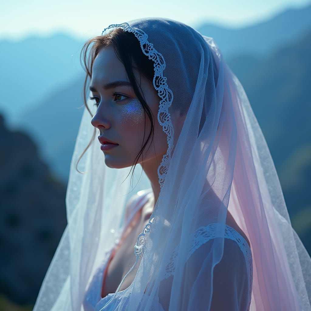 Luminescent Woman in Mountain Dreamscape