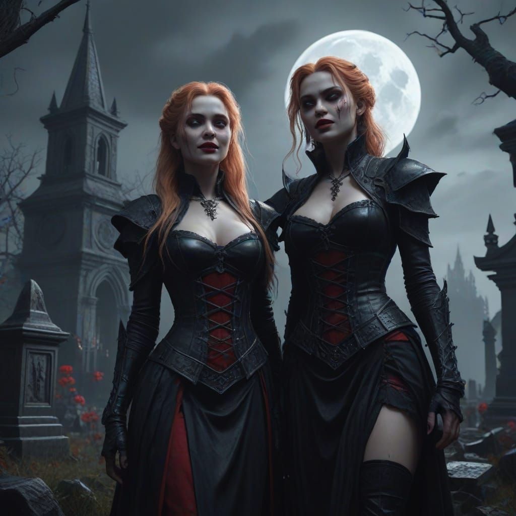 Vampire Girls in Ruined Cemetery: Dark Fantasy Art