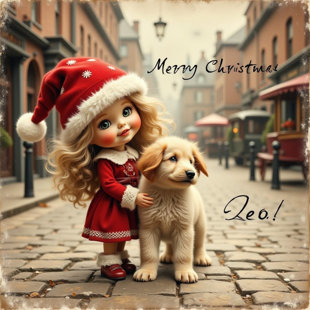 Vintage Christmas Card: Doll and Puppy in Victorian Street