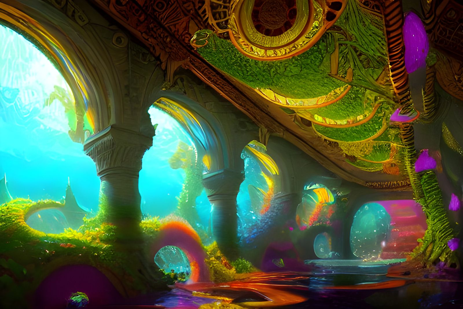 Vibrant Underwater Oasis Corridor: A Digital Painting