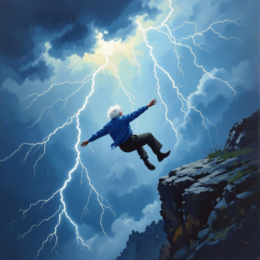 Grandfather Falls Off Cliff in Dramatic Lightning Storm Oil ...