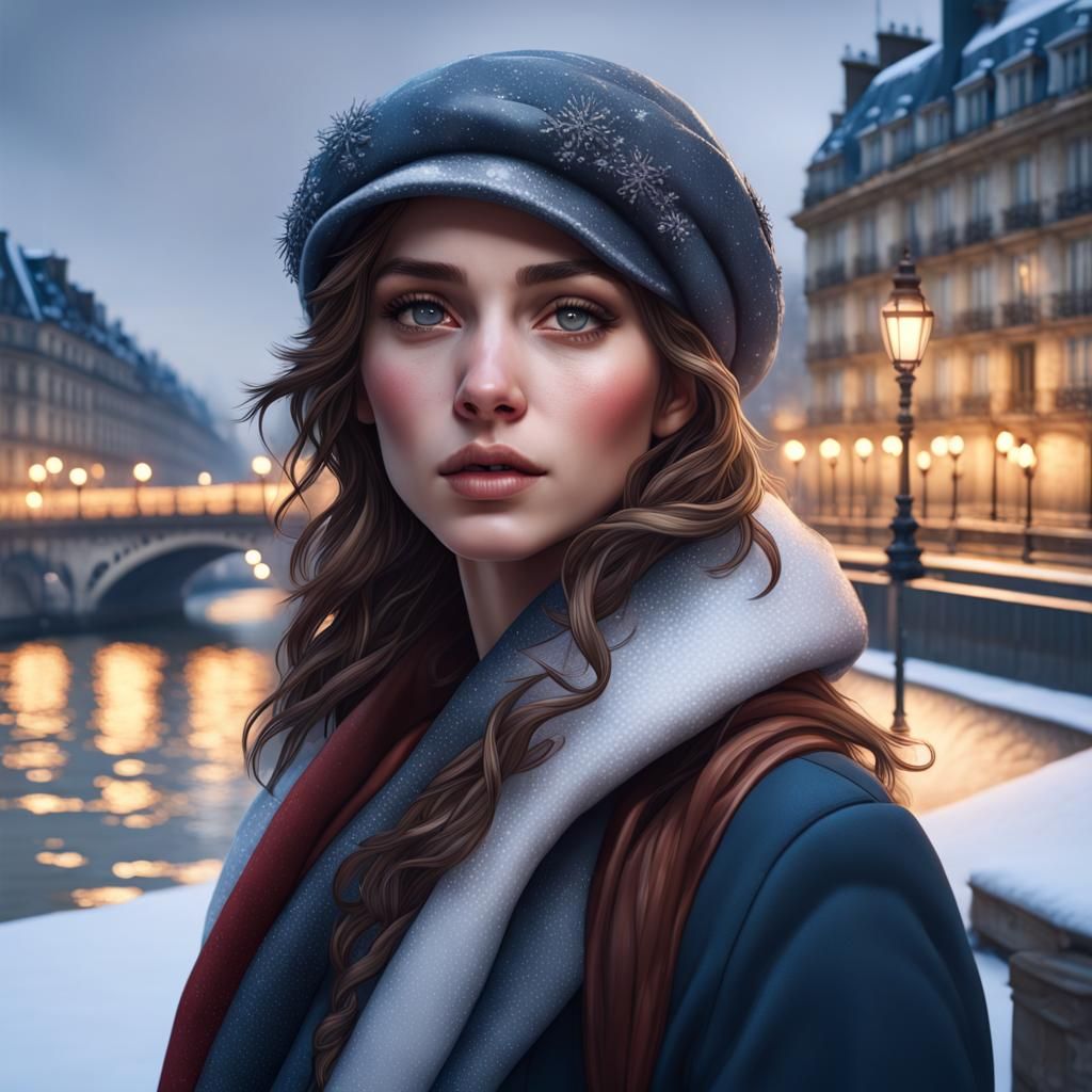 Winter in Paris: Seine River Portrait in Art Nouveau Style