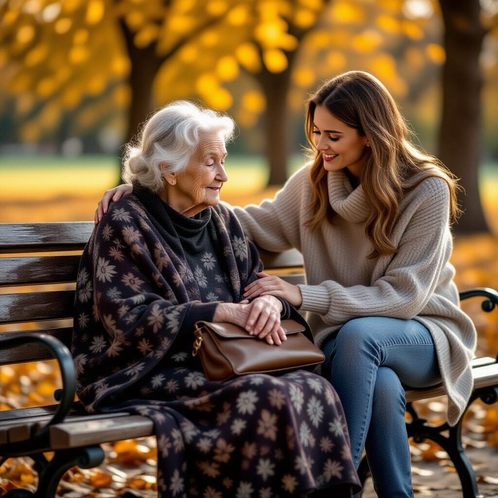 Elderly Woman and Caregiver on Park Bench in Golden Light