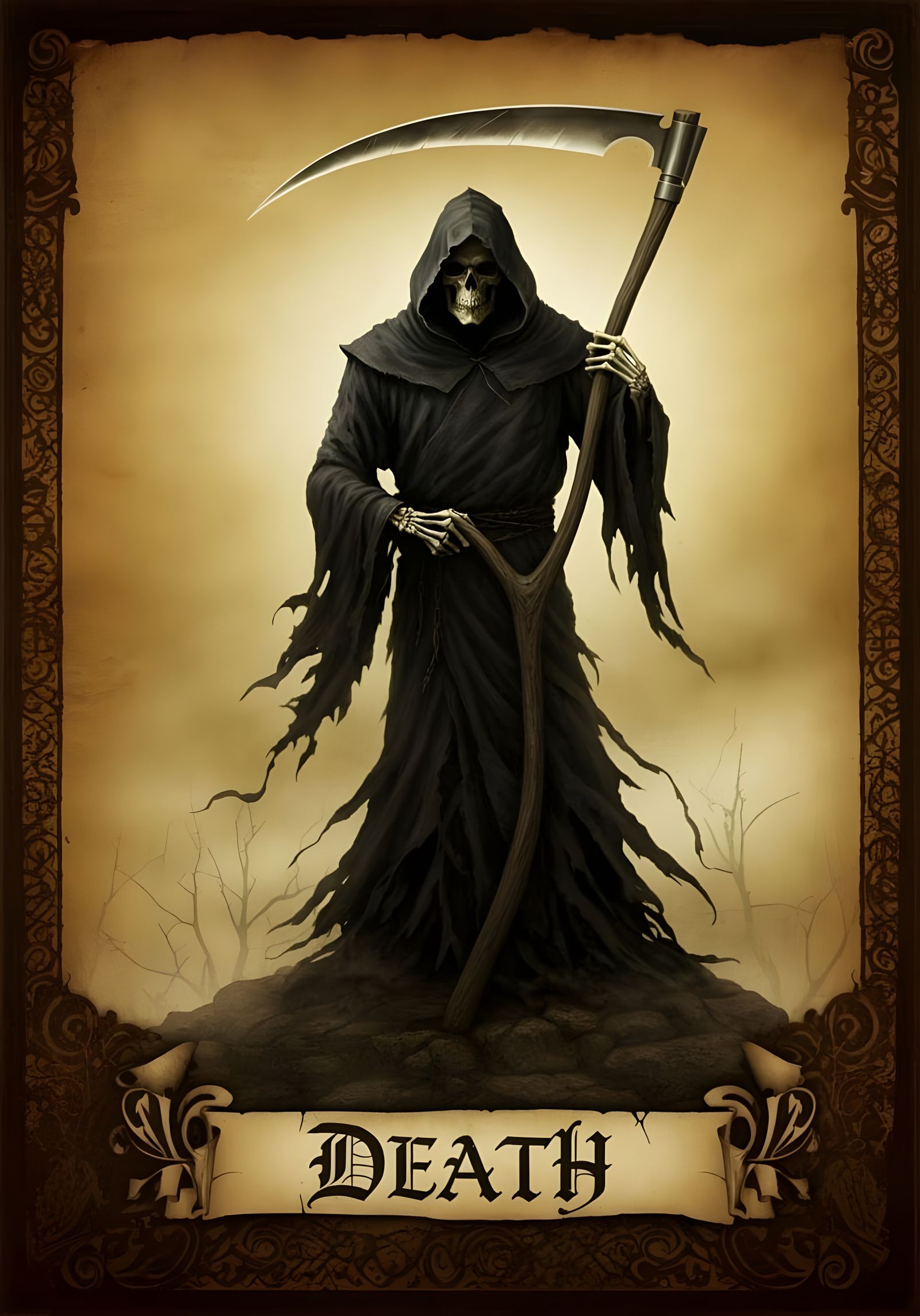 Detailed Grim Reaper Tarot Card Illustration