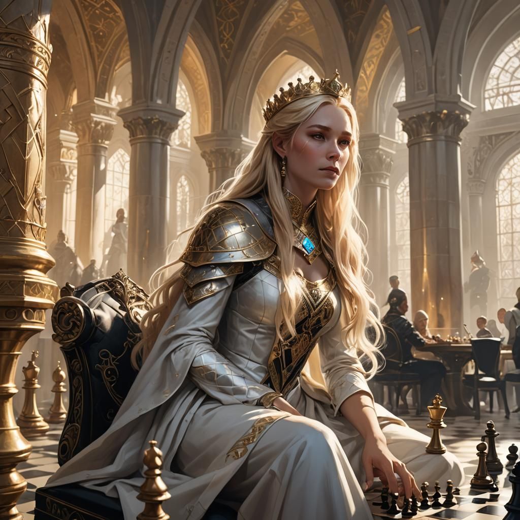 Blonde Queen Playing Chess in Art Deco Vault