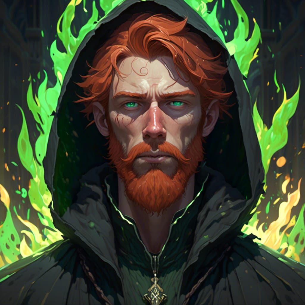 Red-Haired Reverend Portrait with Green Flames