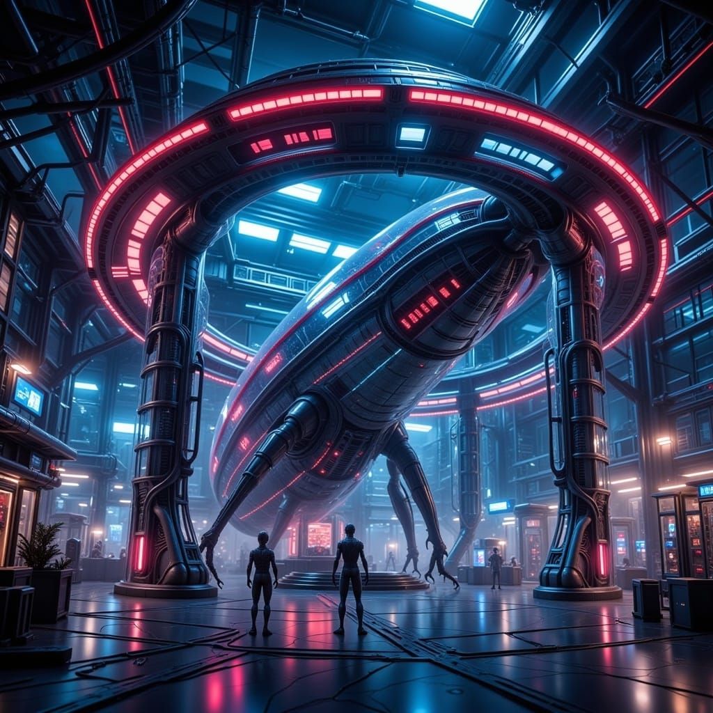 Futuristic Gas Station with Spaceship, in Retrowave Style