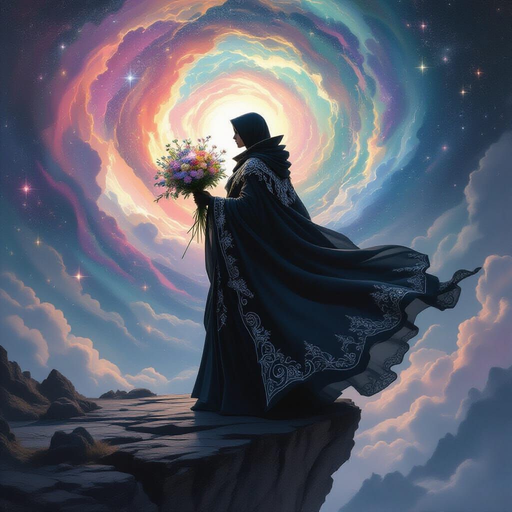 Gothic Figure with Flowers in Cosmic Landscape