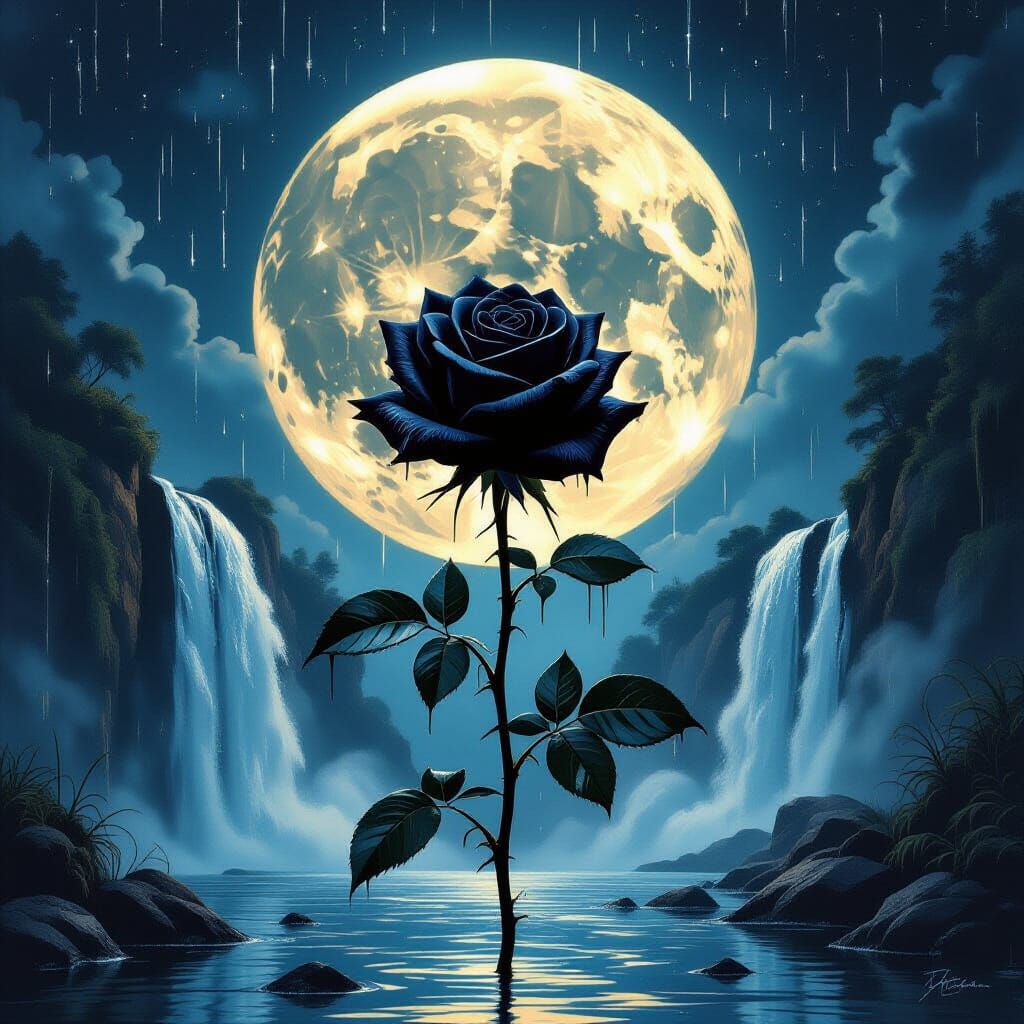 Black Rose Under Moonlit Waterfall, Hyperrealistic Style
