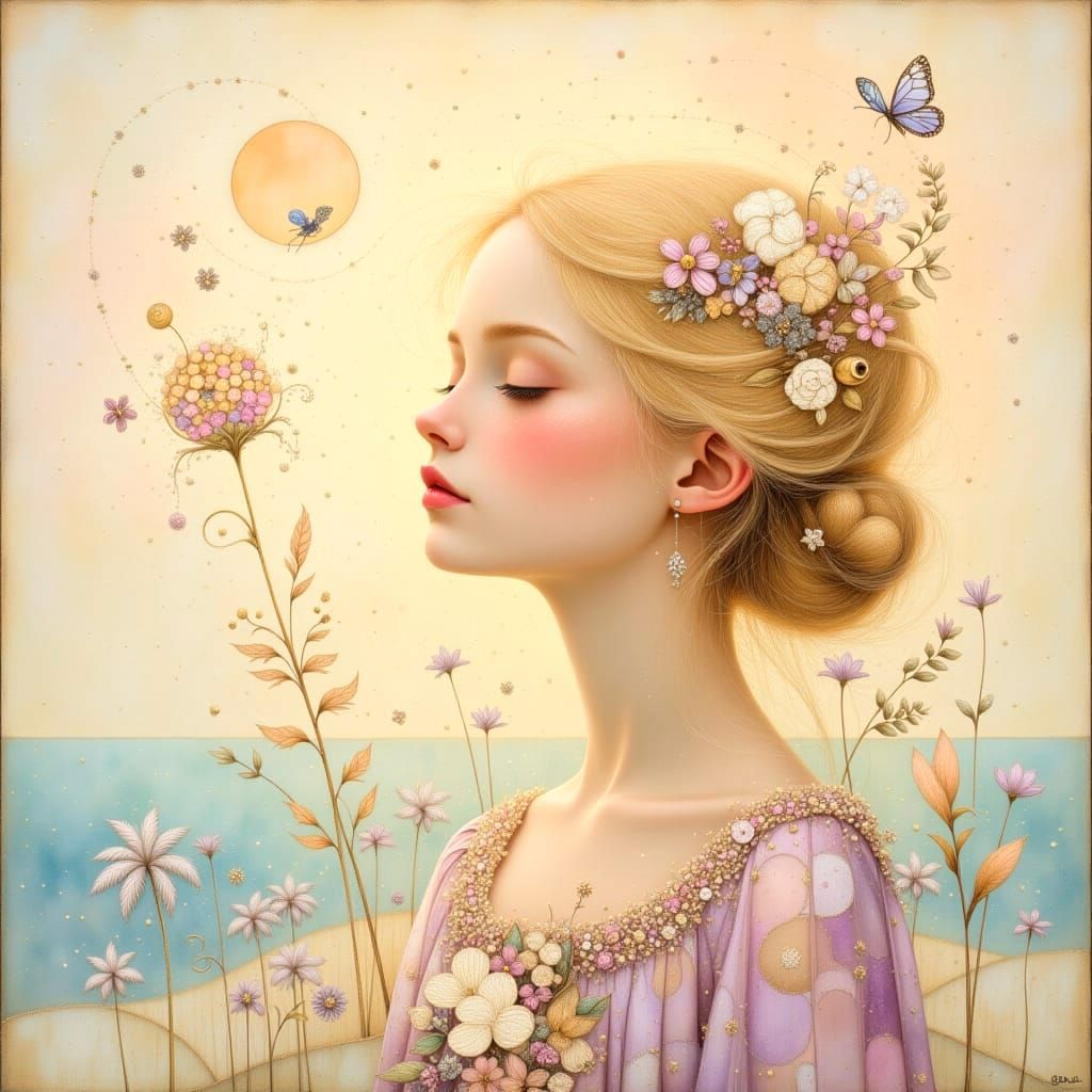 Blond Girl in Whimsical Dreamlike Landscape