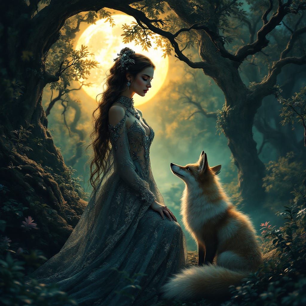 Mystical Woman and Fox in Fantasy Landscape