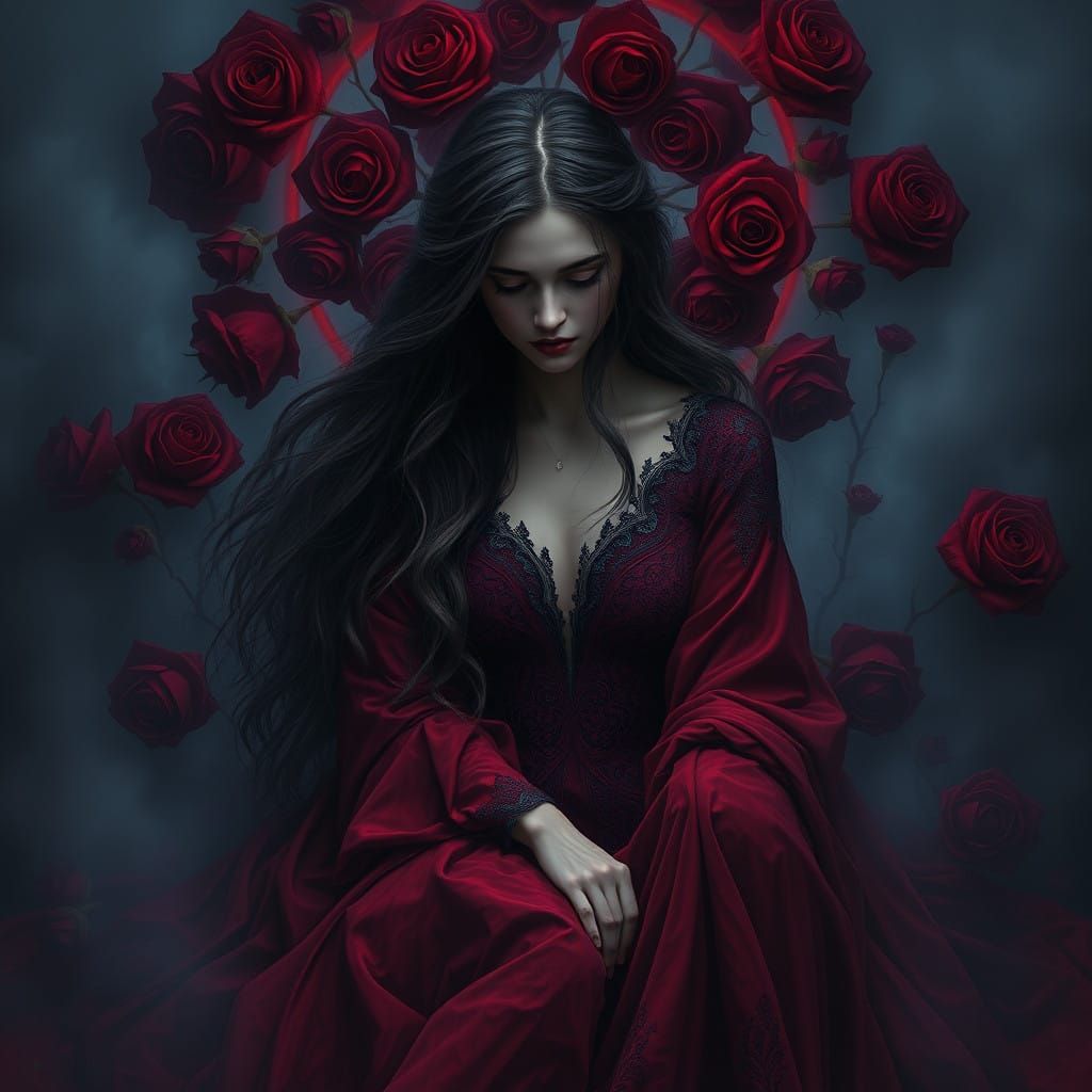 Mystical Woman in Twilight Garb, Surrounded by Dark Red Rose...