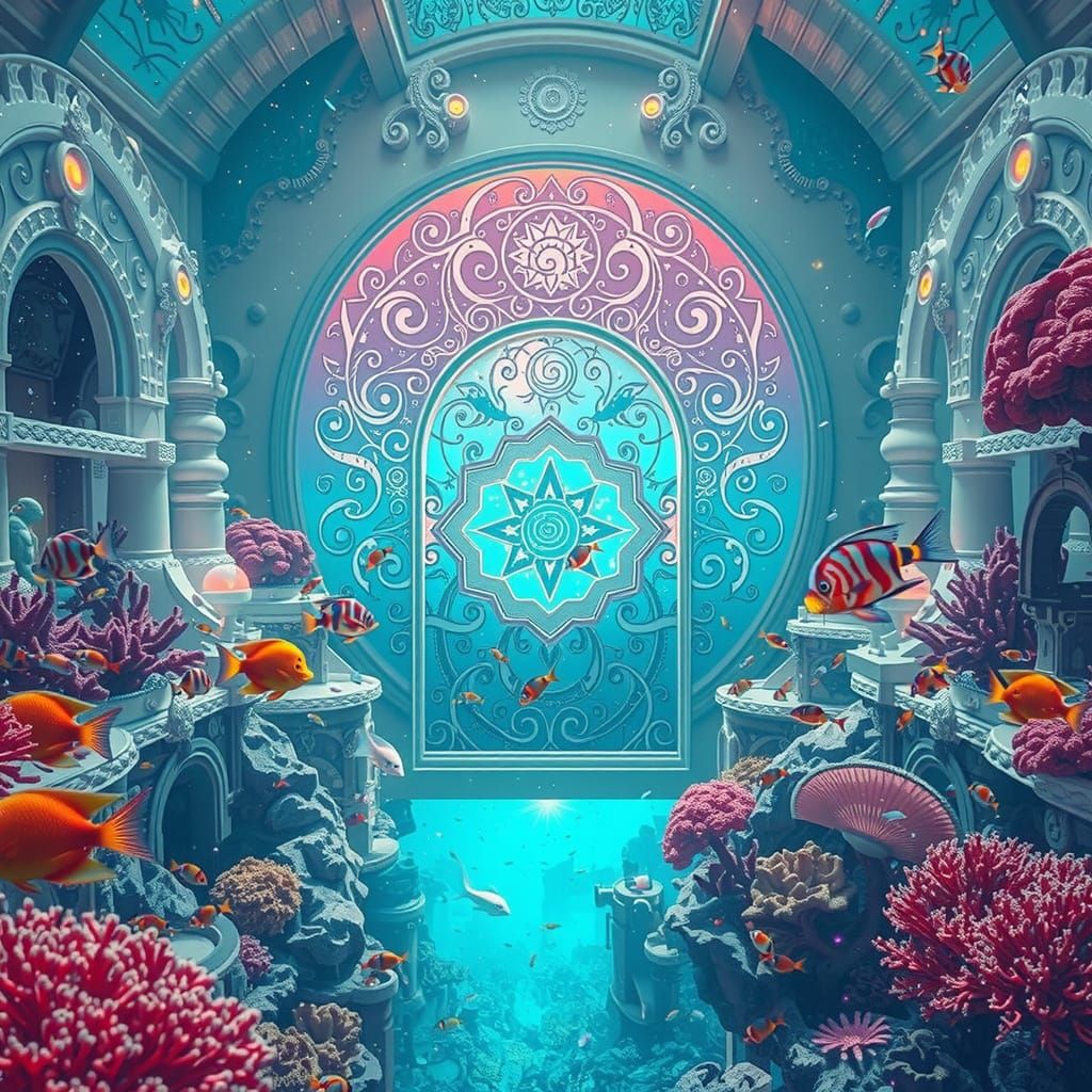 Iridescent Portal Shines in Vibrant Underwater City