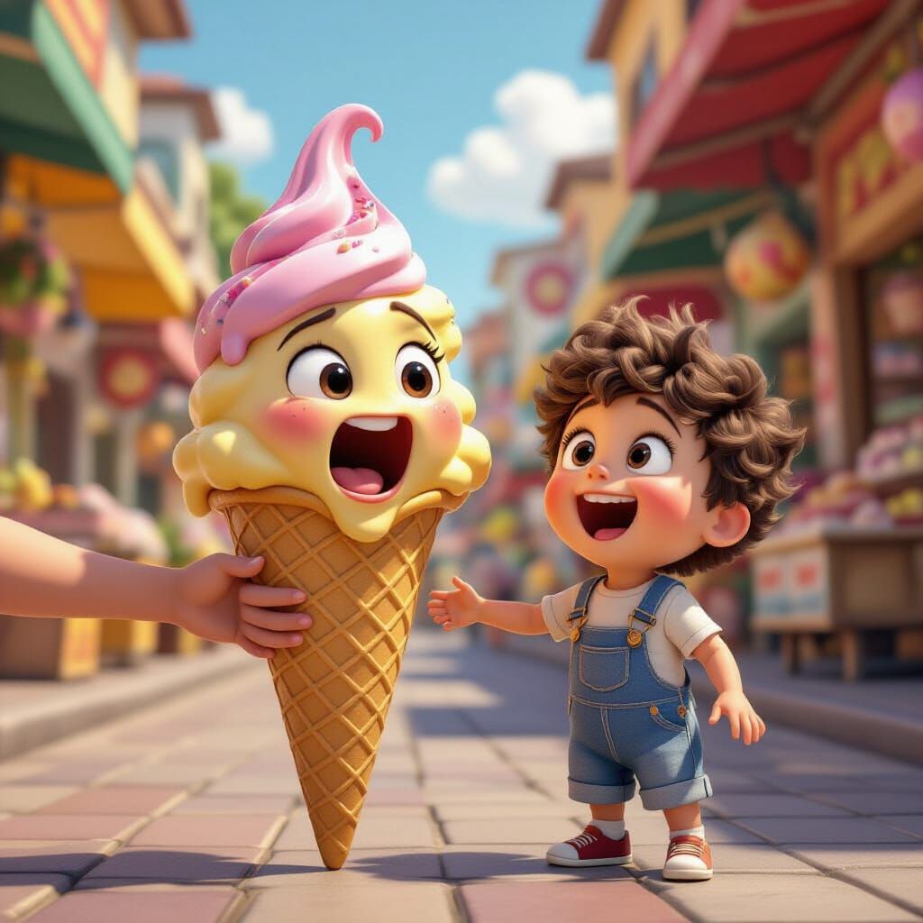 Joyful Ice Cream Cone in Pixar Style