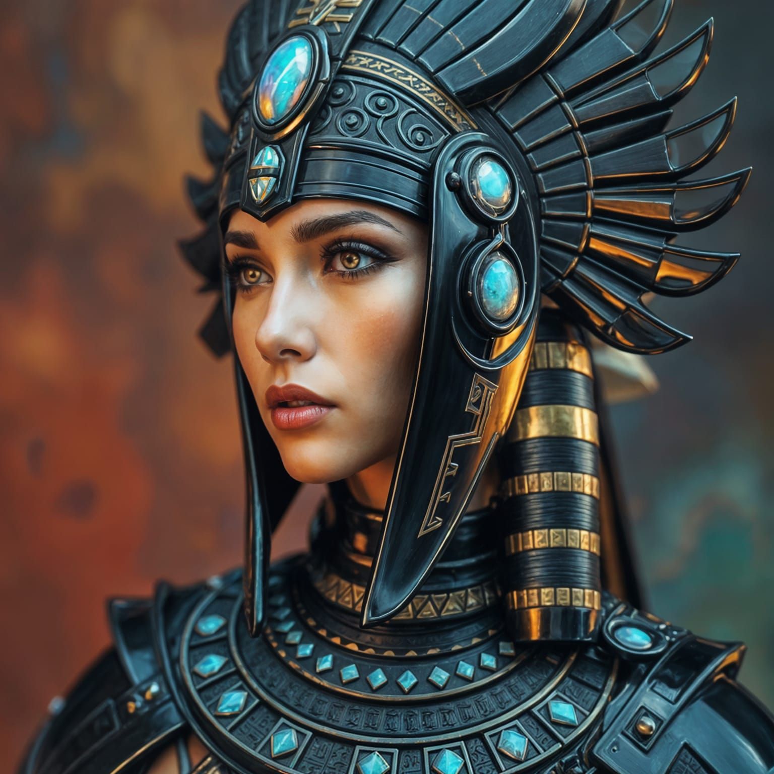Egyptian Goddess-Warrior in Black Armor, Hyperrealistic Art