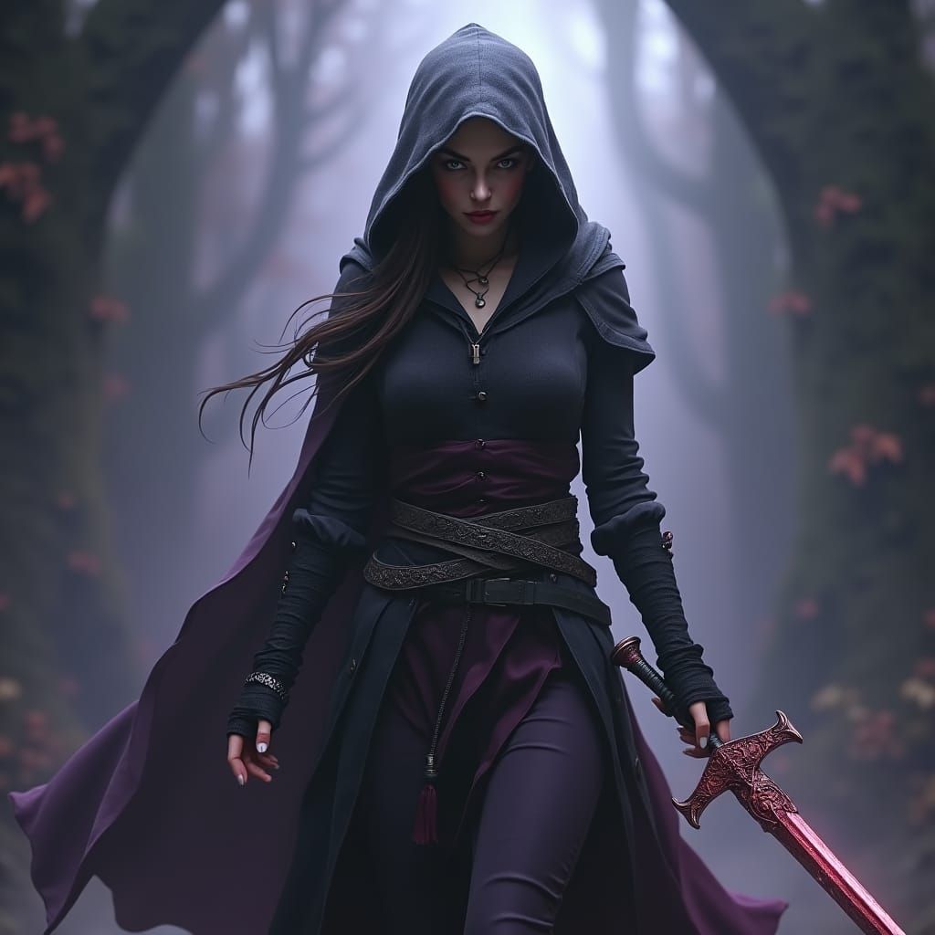 Mystical Half-Elf Rogue in Grey and Purple Mist