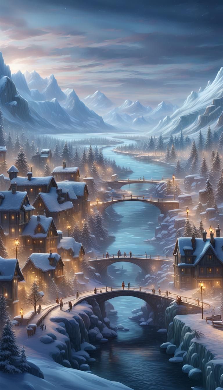 Frozen Cityscape with Lights: Digital Matte Painting