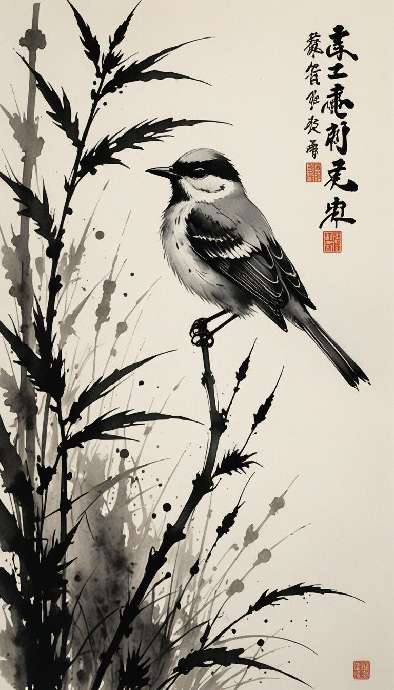 Whimsical Black and White Ink Study of a Small Bird perched....