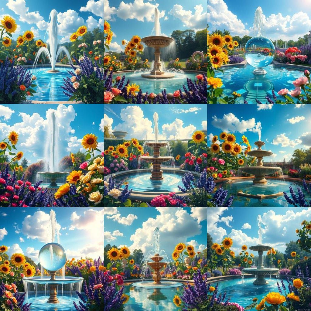 Impressionist Garden Fountain with Hyperrealistic Reflection...