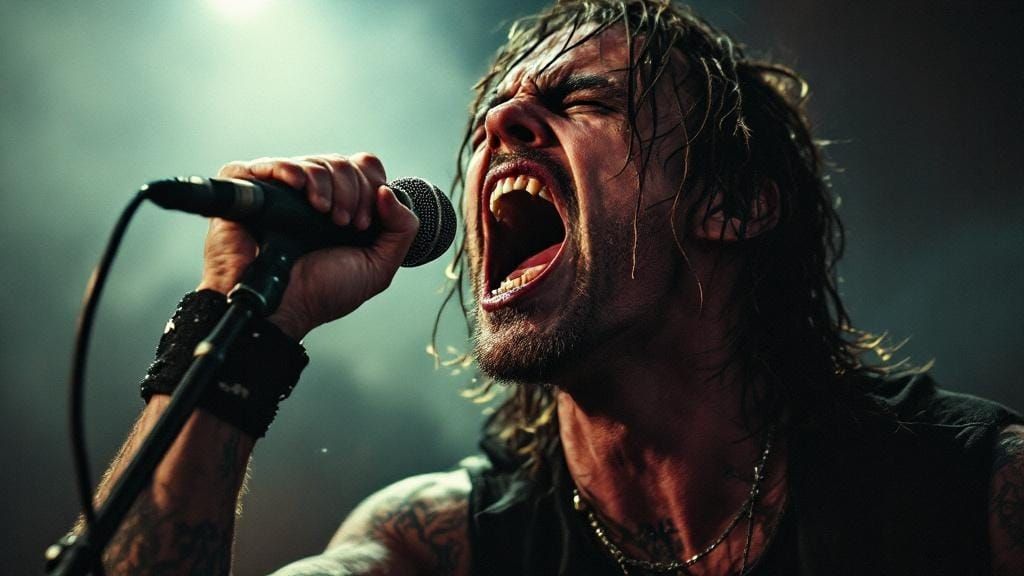 Metalcore Vocalist's Intense Scream in Concert Lighting