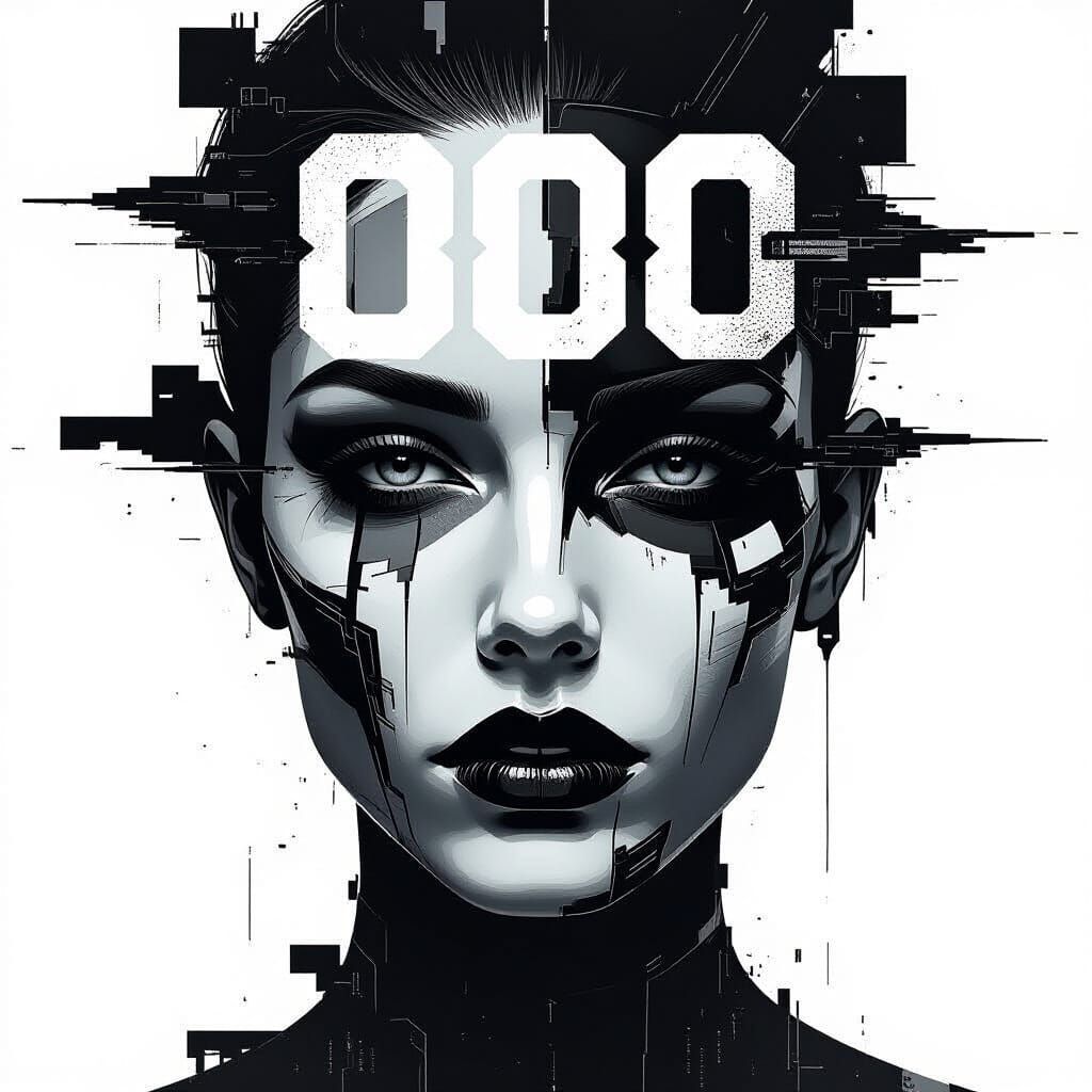 Abstract Glitch Art Face with Text in Industrial Style