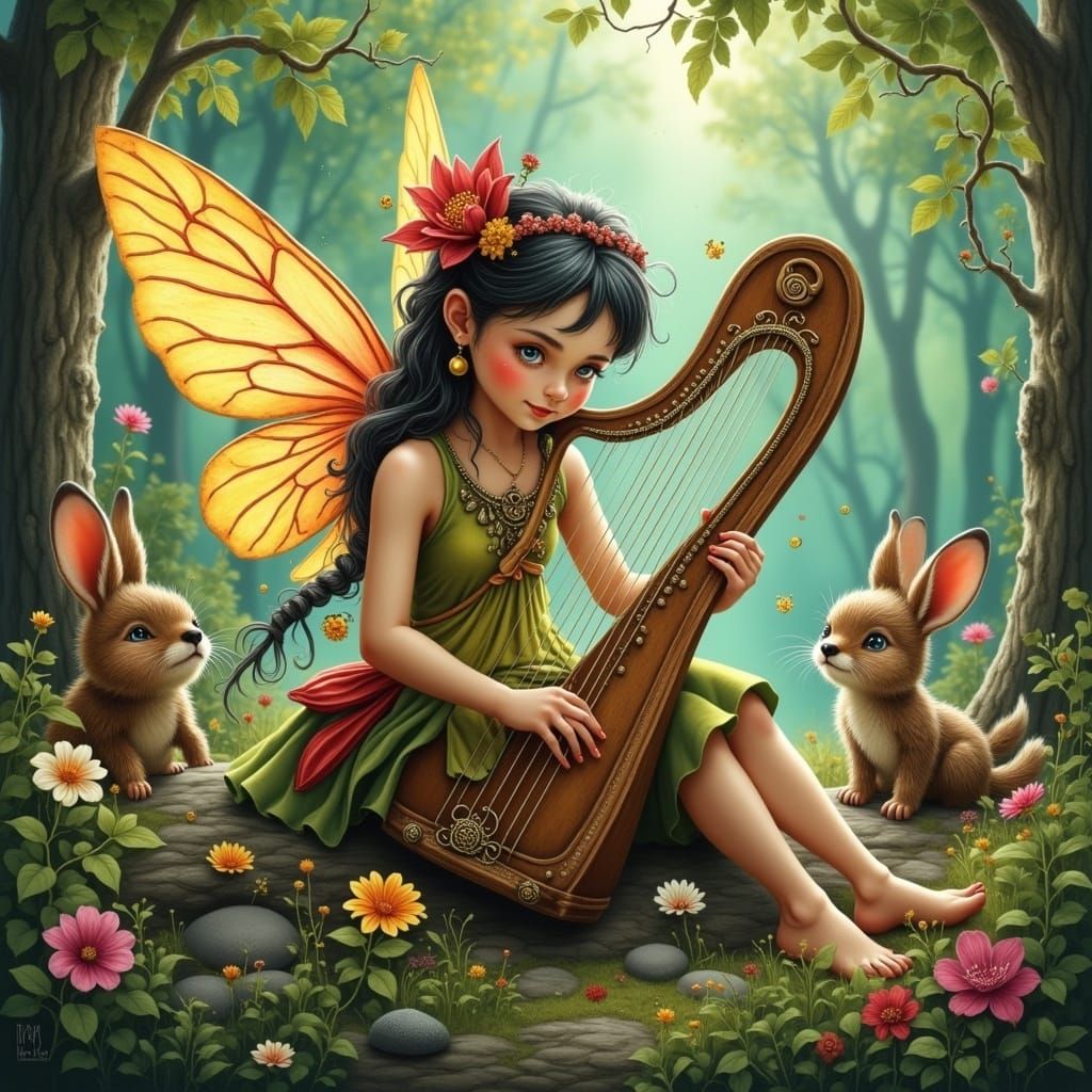 Fairy Plays Harp for Woodland Creatures in Watercolor