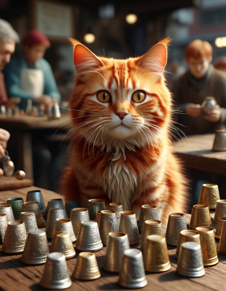 Hyperrealistic Cat Thimblerig in Bustling Market