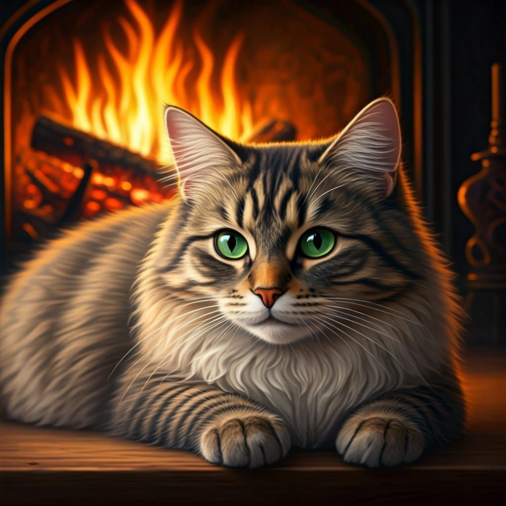 Cozy Cat by Fire in Warm Realism Style