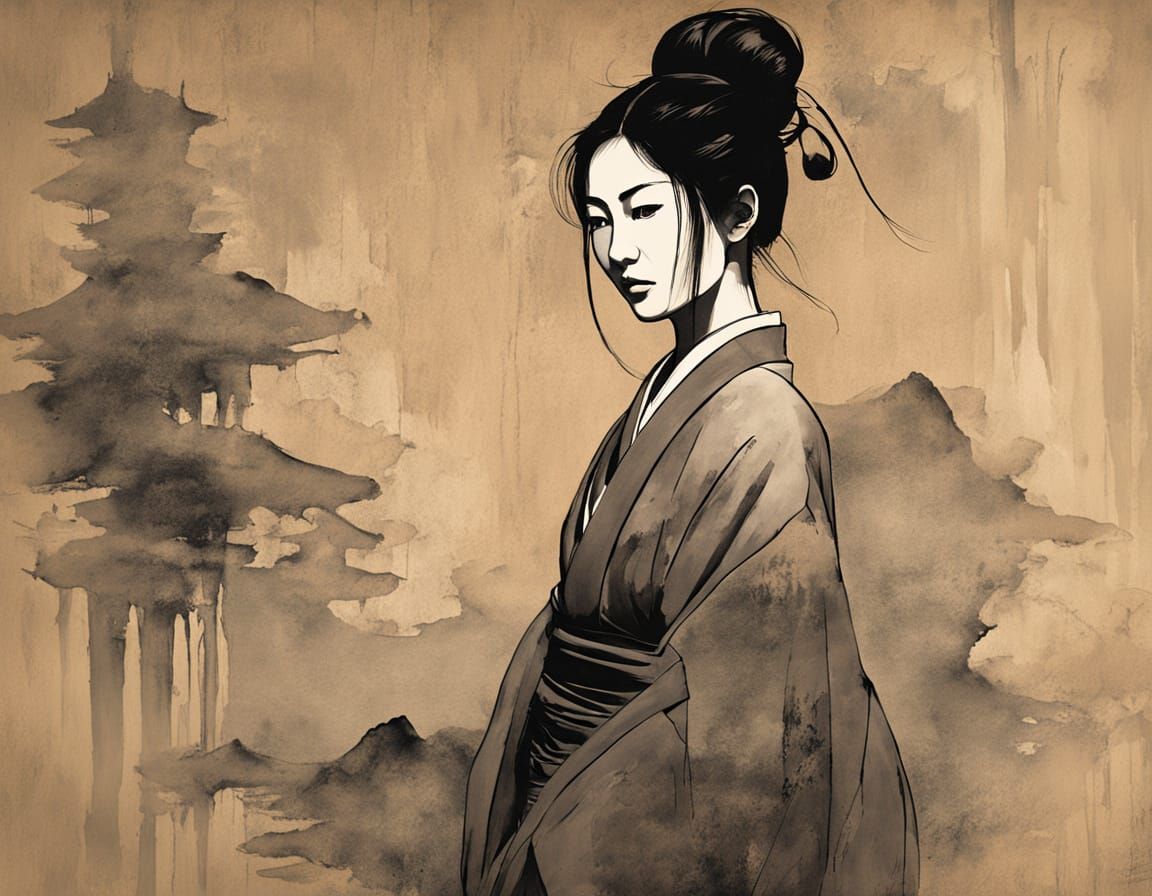 Asian Warrior Woman in Wooden Mask Oil Painting