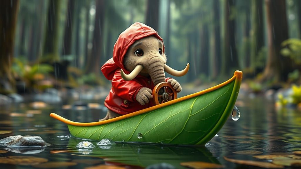 Whimsical Woolly Mammoth on Emerald Leaf in Rainy Forest