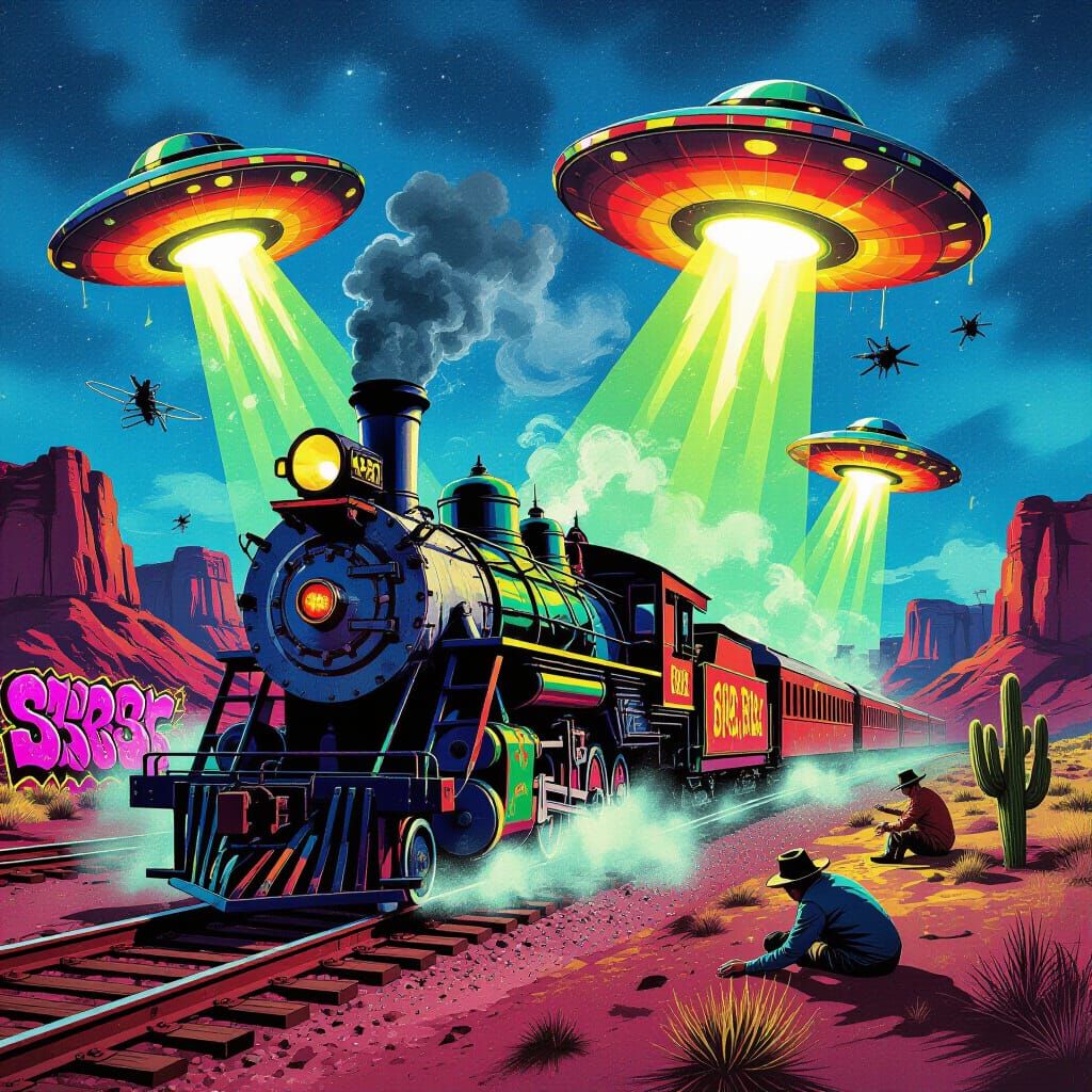 Wild West Train Robbery with Aliens in Graffiti Style