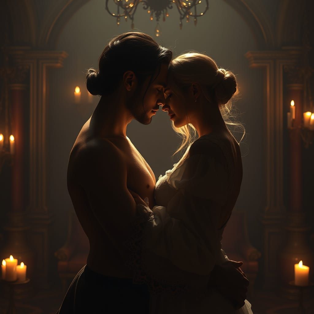 Surreal Lovers Embracing in Candlelit Intimacy
