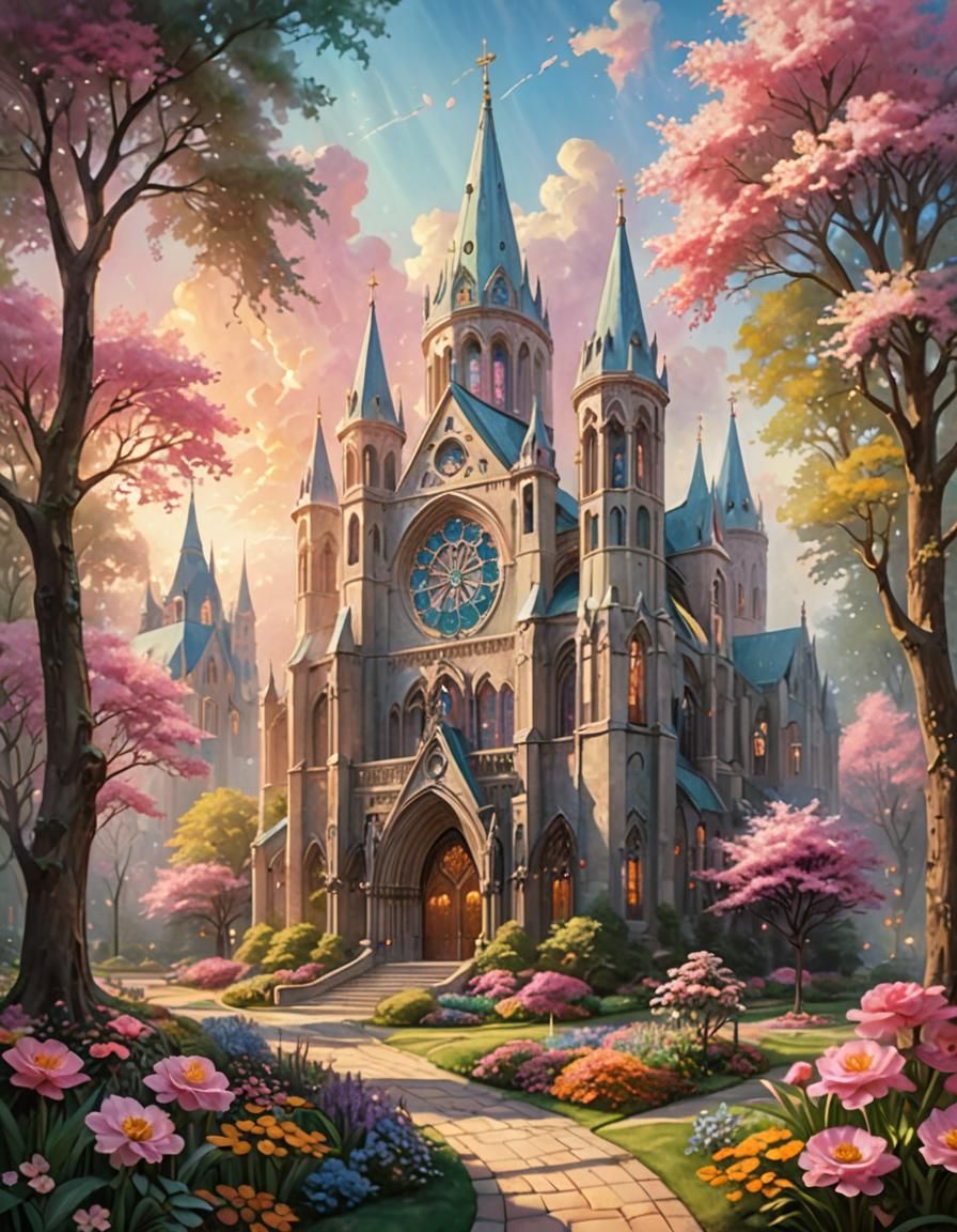 Cathedral with Pink Buttercup in Dreamy Oil Painting